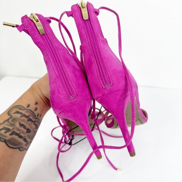 NEW Marc Fisher Size 8.5 Pink Faux Suede Lace Up Heeled Sandals - Picture 7 of 12
